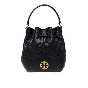 Tory Burch Black Quilted Leather Bucket Bag with Gold Chain
